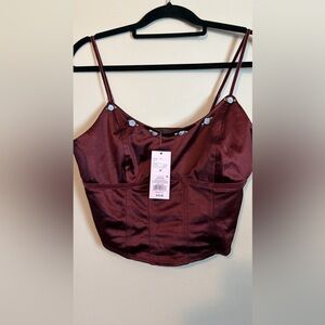 wild fable Burgundy Satin Cropped Cami with Decorative Buttons